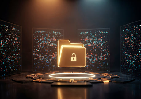 A glowing digital folder icon with a padlock symbol hovers above a circular platform, surrounded by illuminated data screens, symbolizing cybersecurity and secure file storage in a high-tech environment.