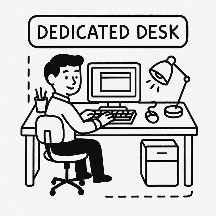 Illustration of a person working at a desk with a computer, lamp, and plant, labeled 'Dedicated Desk'.