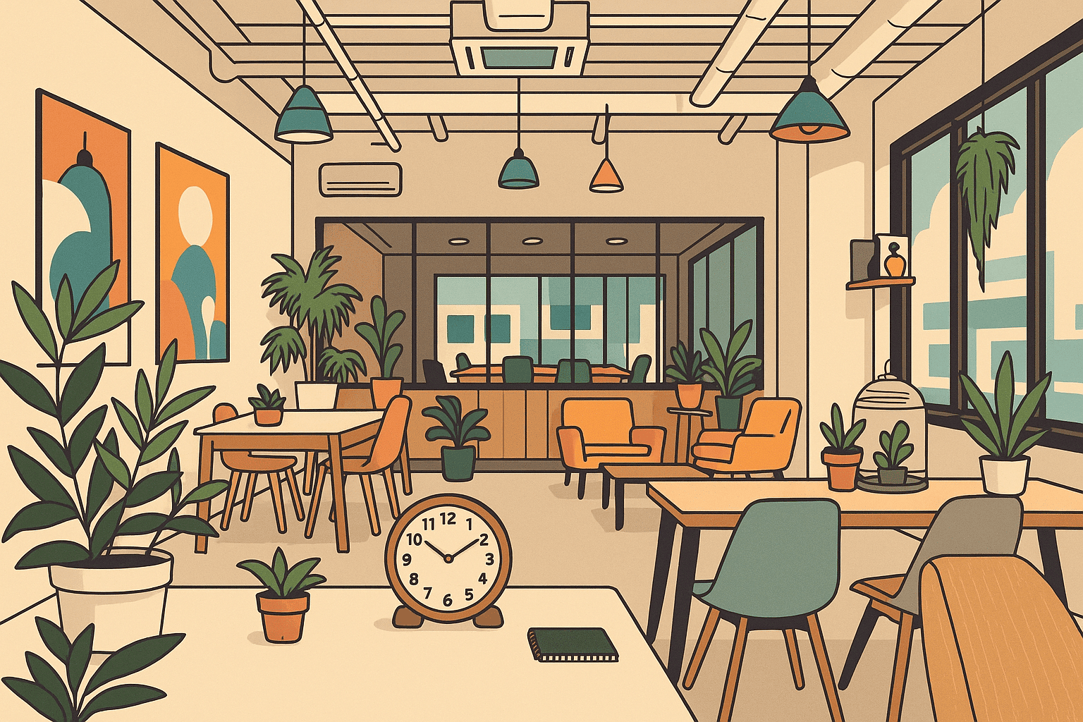 Bright, modern coworking space with plants and comfortable seating.
