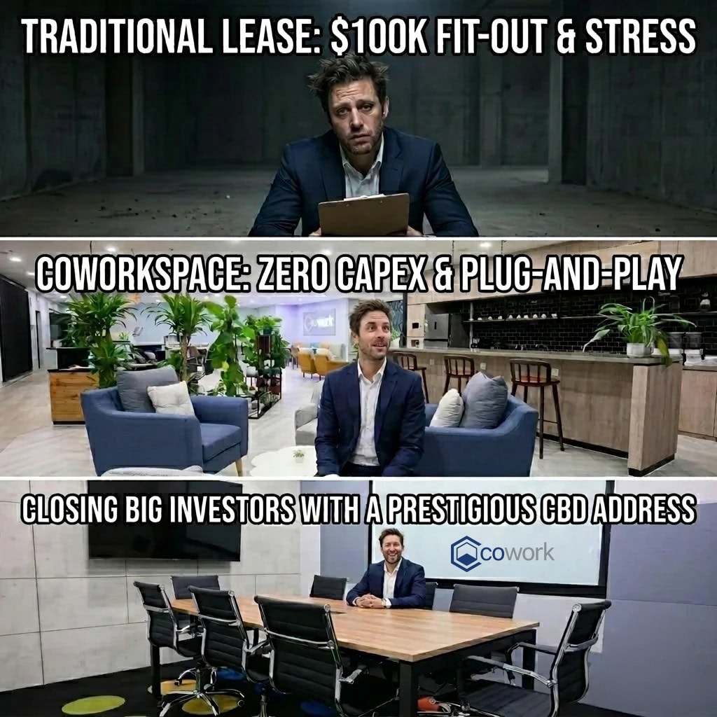 Man in a dark room with a laptop, representing traditional office leasing costs.