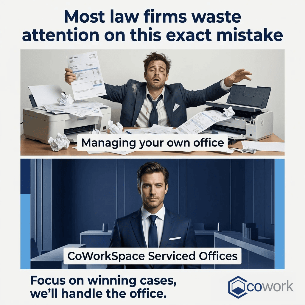 10 Benefits Of Running Your Law Firm From Our Serviced Office (Near The Courts At Raffles Quay) 2 Frustrated lawyer overwhelmed with paperwork at a cluttered office desk.