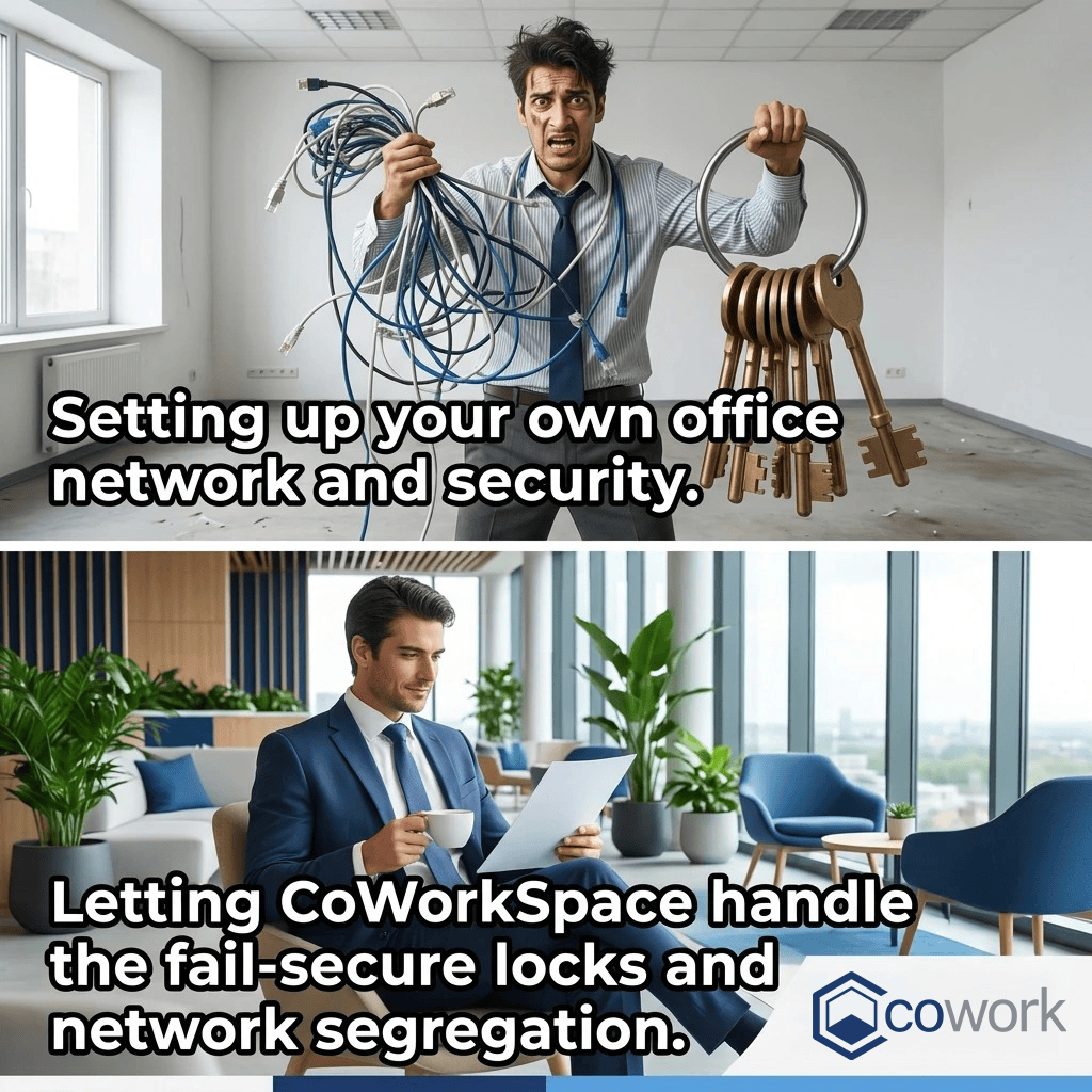 Man holding keys and tangled cables in office, highlighting network security setup.