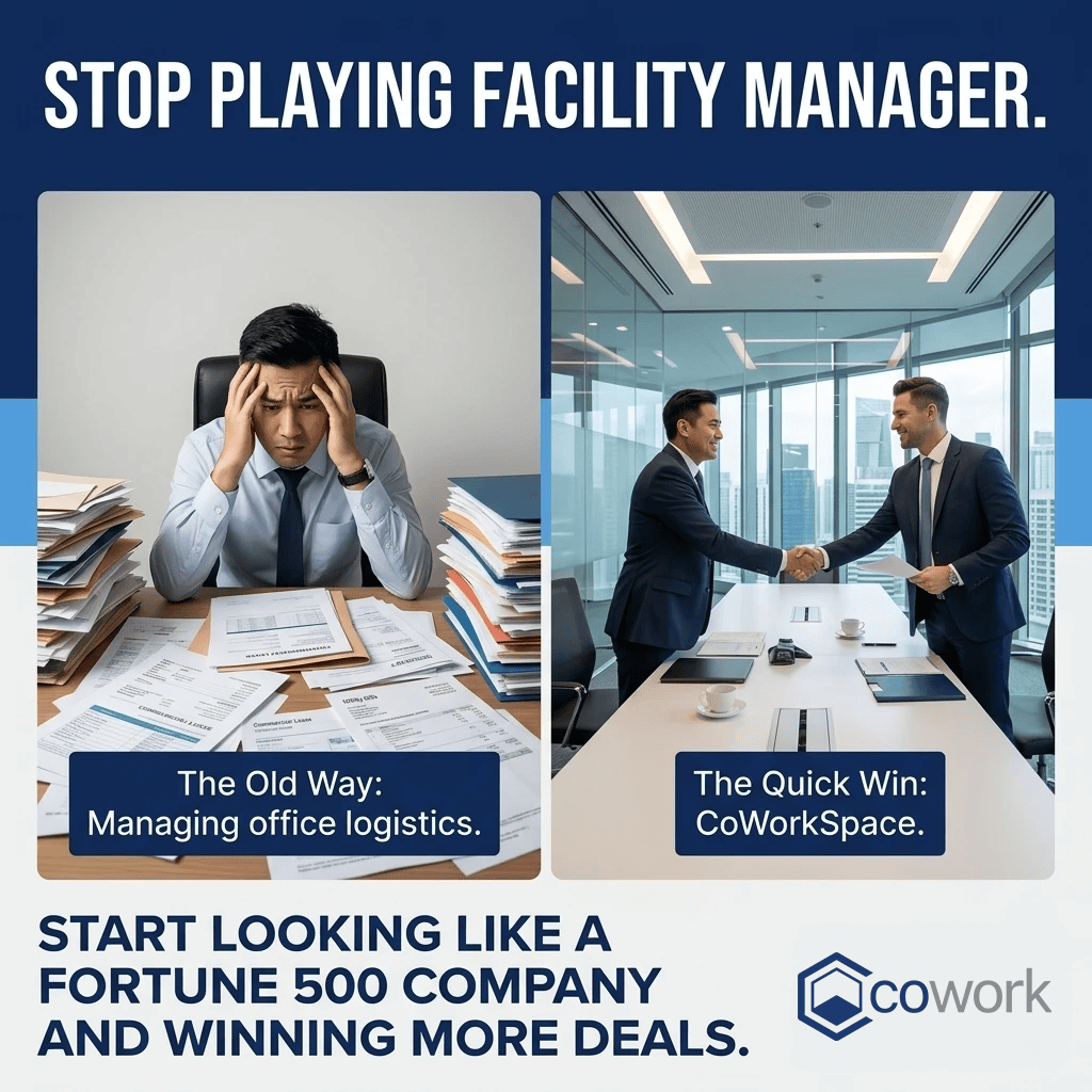 Businessman stressed at desk with paperwork, coworking space background.