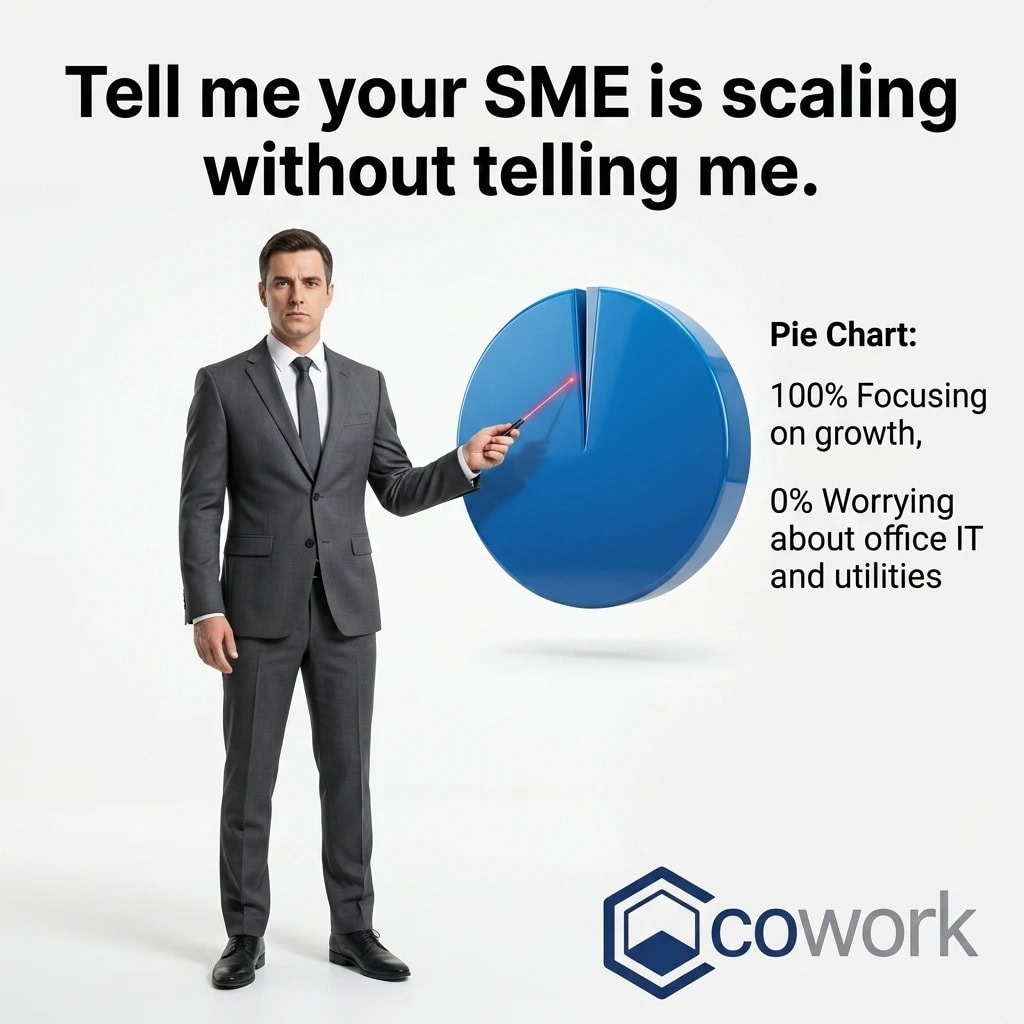 7 Strategic Reasons To Move From Cecil Street Office Rental To Our Raffles Quay Serviced Office 4 Business professional presenting pie chart on office growth and IT focus.