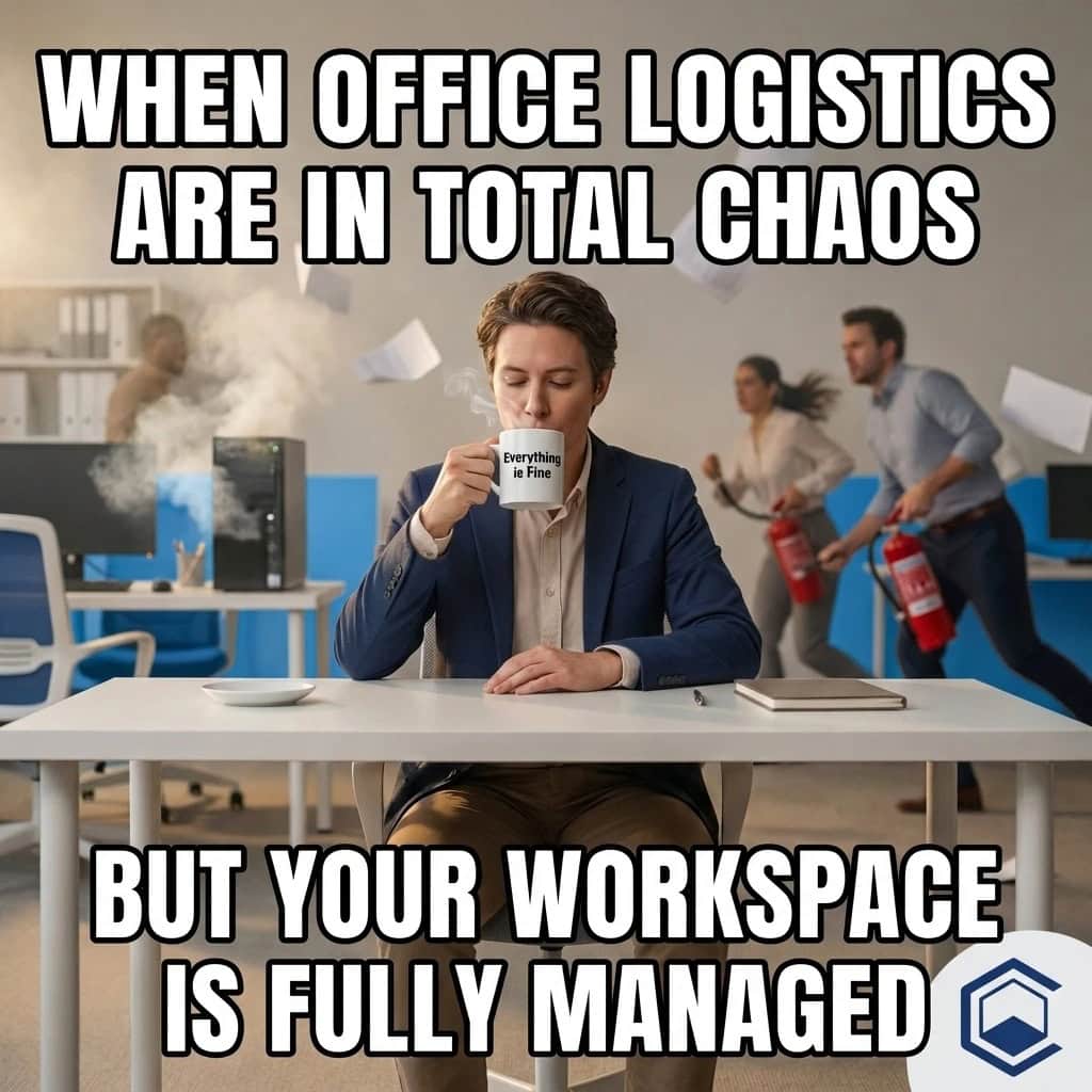 Office logistics chaos meme highlighting disorganized workspaces.