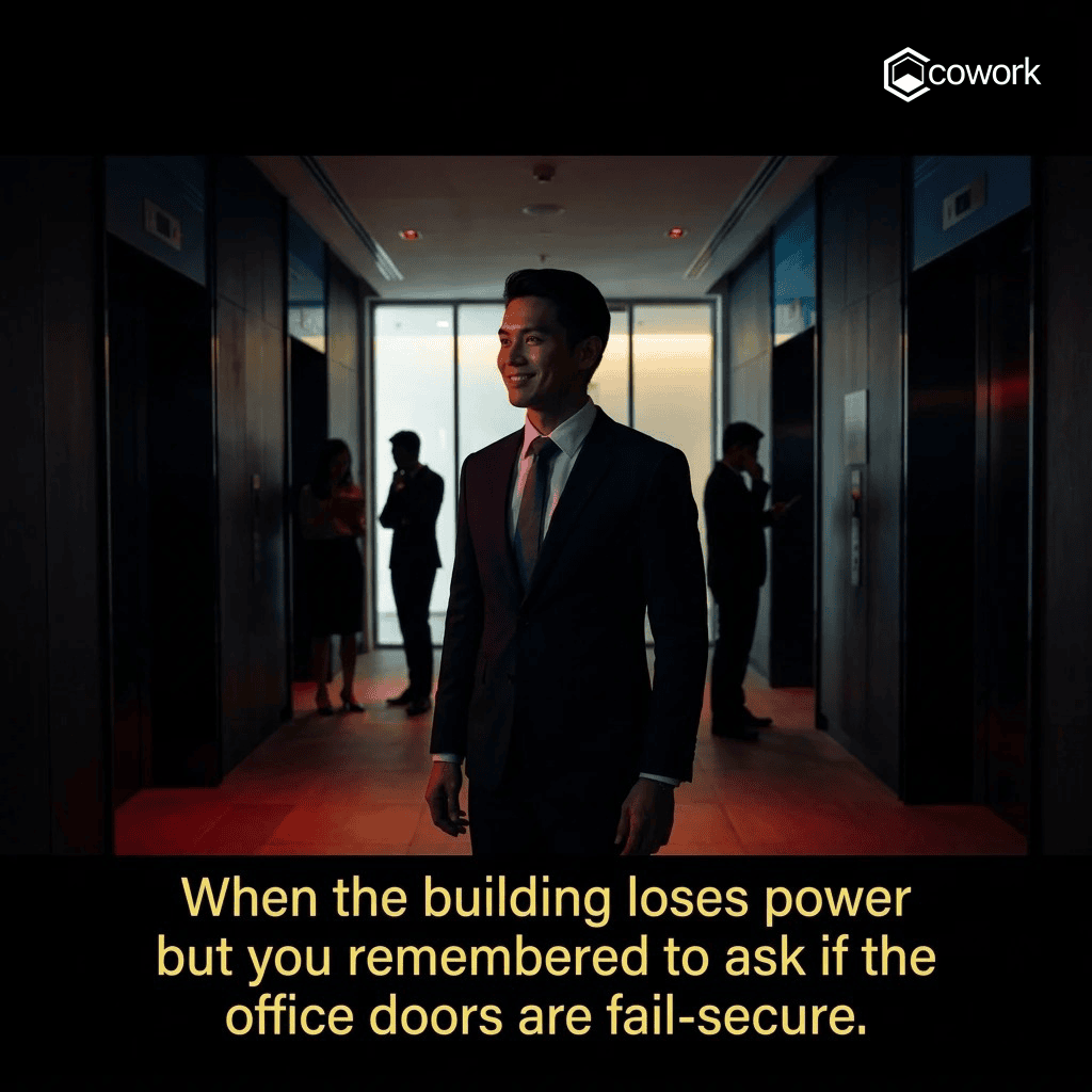 Business professional in secure office corridor during power outage.