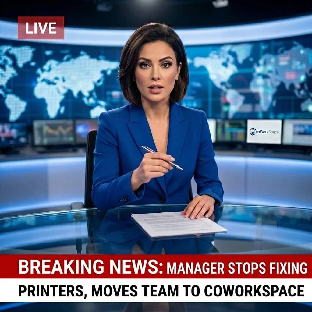 Broadcast news anchor reporting live in a professional studio setting.