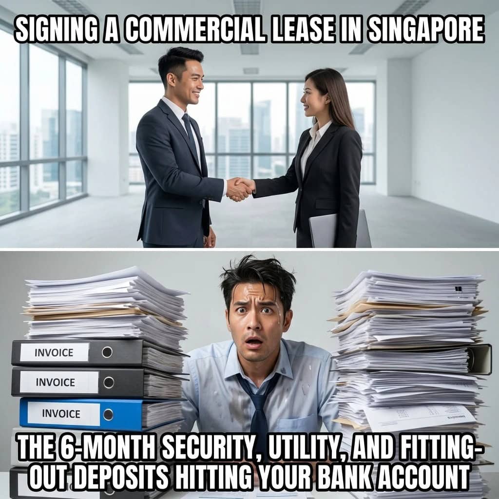 Business professionals shaking hands in modern office space in Singapore.