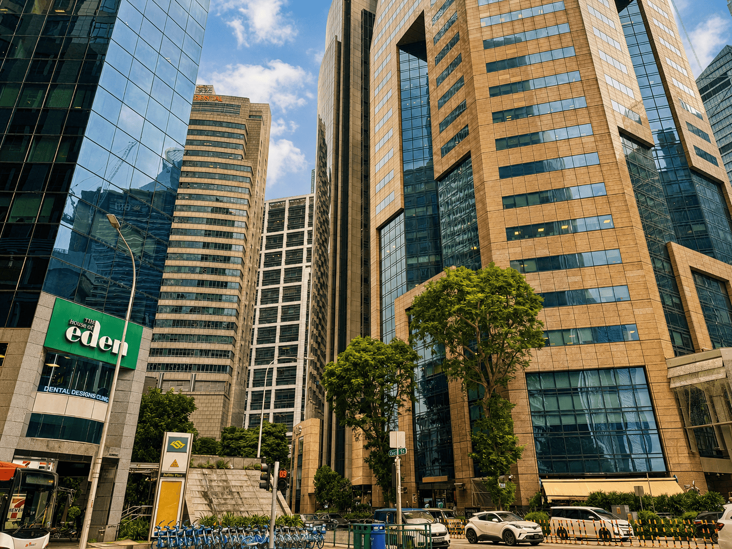 Corporate Buildings around Cecil St Modern skyscrapers in Singapore's business district with glass facades.