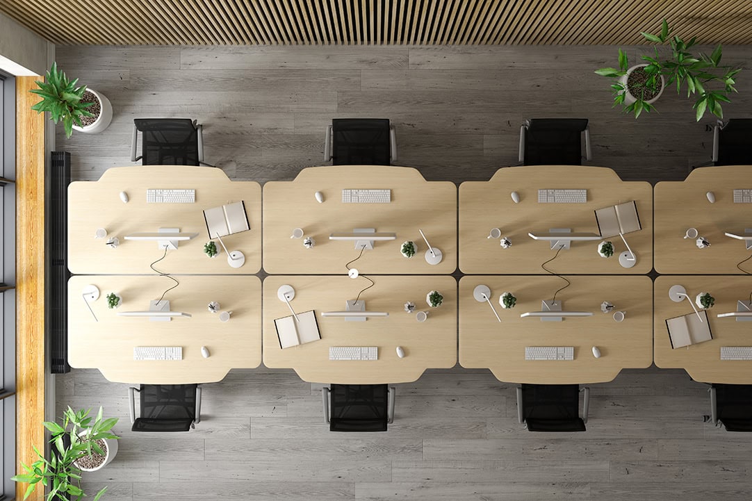 Interior of modern office room top view 3D rendering hot desk 1